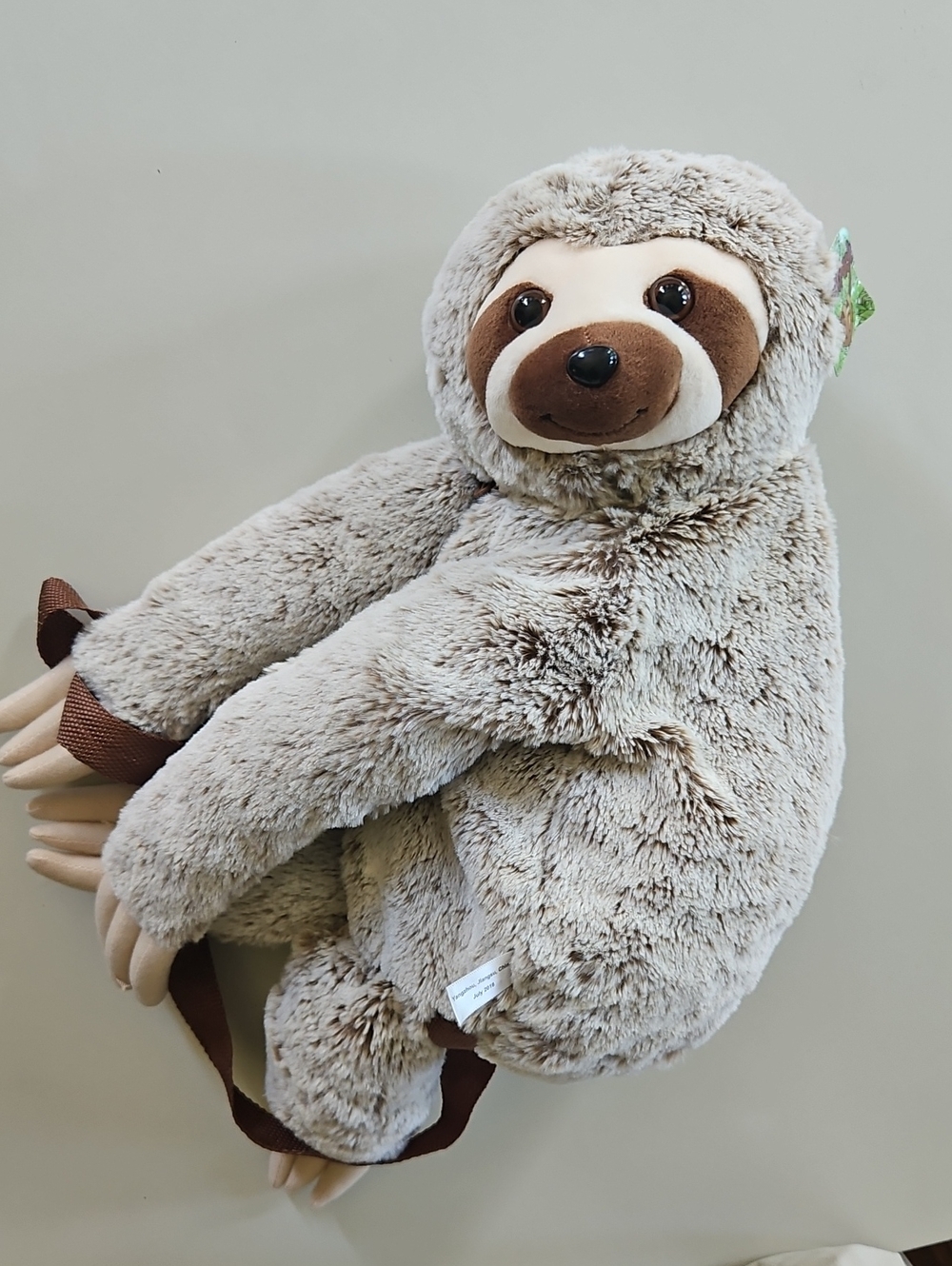 Plush Animal Sloth Soft Zip Pouch Backpack. Beige & Brown. CUTE! New